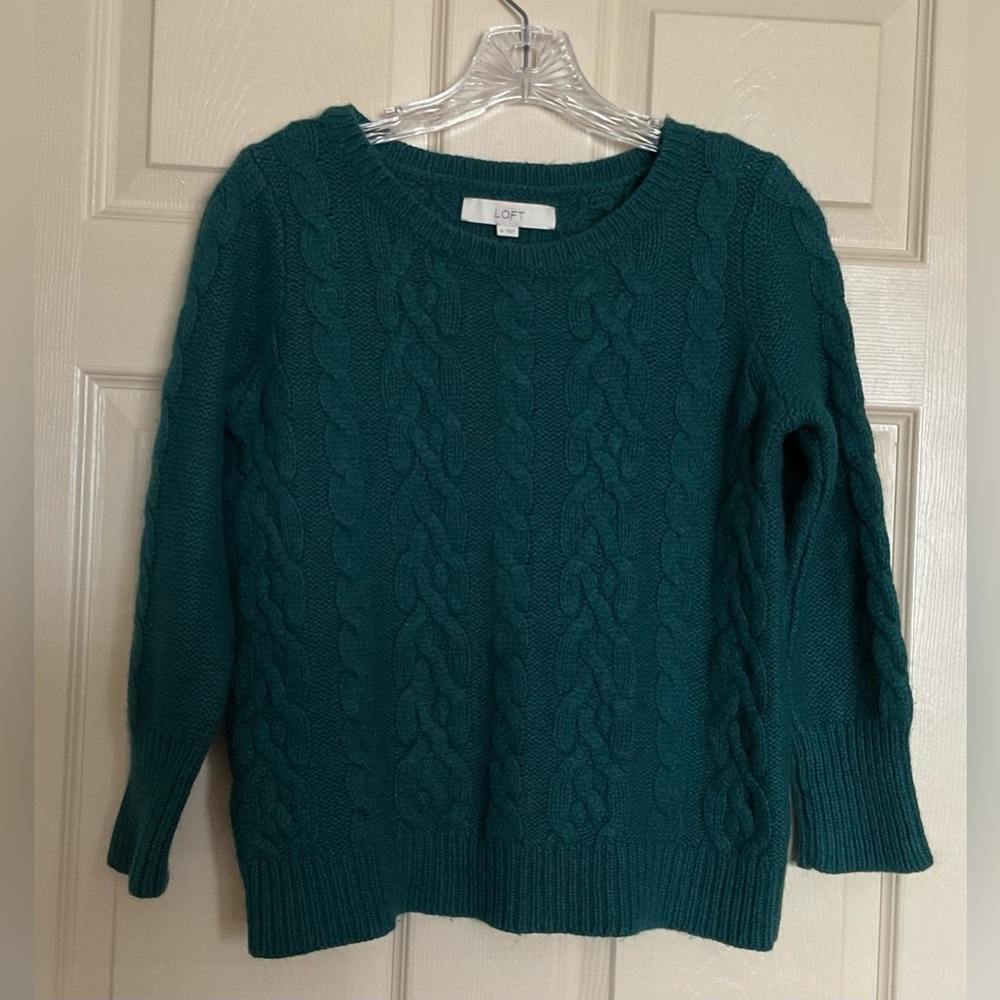 Loft Ann Taylor Sweater Women M Dark Green Cable Knit Crew Neck Long 3/4 Sleeve